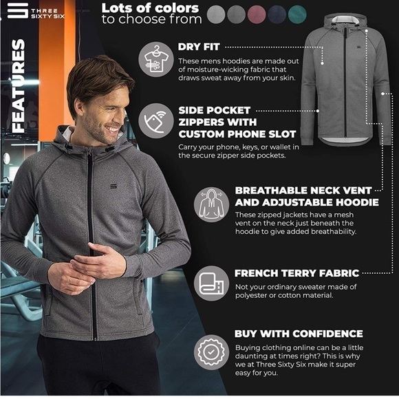 Three Sixty Six Sweatshirts for Men Zip Up Hoodie - Dry Fit Full Zip  Maroon - Picture 5 of 8